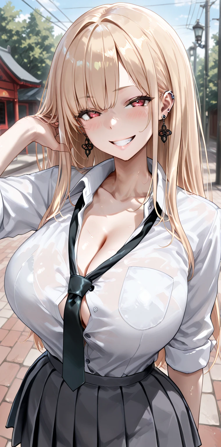 masterpiece, best quality, 1girl, solo, breasts, cleavage, blonde hair, long hair, parted bangs, blue eyes, looking at viewer, sweat, large breasts, (dark skin:1.3), white collared shirt, pleated skirt, flashy gyaru, happy, showy,too many accessories, colorful , kogal, kogal gyaru, necklace, earrings, bracelet, bra peak, (makeup)