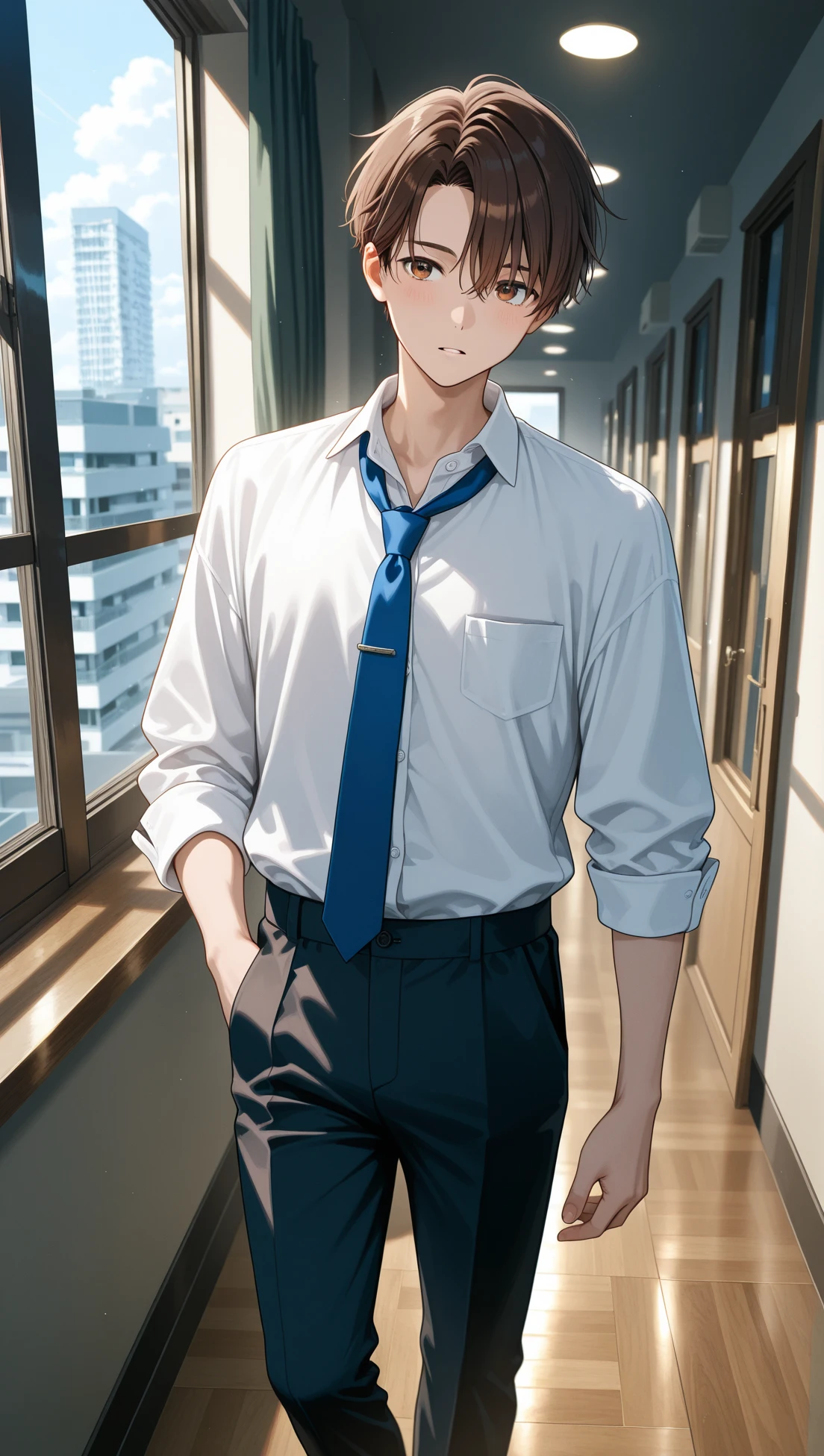 A handsome 18-year-old boy looks at the viewer, short beautiful dark brown hair, beautiful light blue eyes, white and blue school shirt with tie,black school pants, light muscle body,cute face, gentle eyes, school hallway, anime, high detail, ultra-high quality, 8K