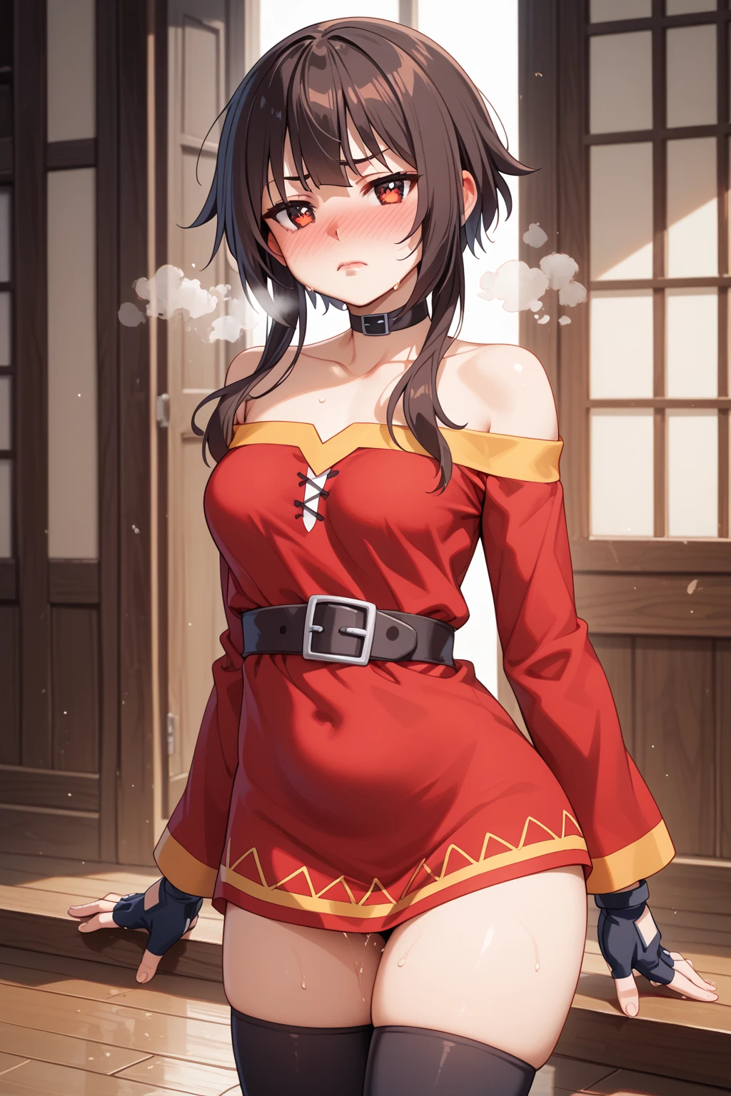 Adult Woman, masterpiece, 1girl, Amazing Cleavage:1.3, thin waist, big ass, Raised sexy, small breast:1.0,posed cleavage:1.2,solo, open mouth, have a cup of coffee,black hair, red eyes, dress, bare shoulders, jewelry, collarbone, sidelocks, hairband, earrings, indoors, off shoulder, arms behind back, plant, short hair with long locks, black hairband, sweater dress, off-shoulder sweater, red sweater, big side hair, very long side hair,is rendered in (masterpiece: 1.2, best quality), with (ultra high resolution) and an exquisite (depth of field). This masterpiece is not only visually stunning but also tells, make of cooking some cakes ,in the kitchen,Long dark blonde wavy hair、her thin pubic hair, Puffy nipple、(short flared skirt)、garter stocking、Earring、Medium milk, cute smile face、(Pose to lean forward and emphasize the chest)、sexy hips、high-heels、atlibrary、((Close your arms to your chest and look up)),(with sparkling eyes and a contagious smile), looking at viewer,