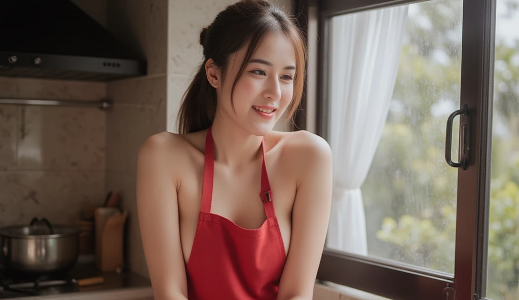 (a beautiful girl with detailed facial features:1.1),(realistic:1.2),wearing a sexy apron(in red or black color:0.9),in the kitchen, (revealing a hint of seductive smile:1.1), sitting in a sexy and inviting position,mix4