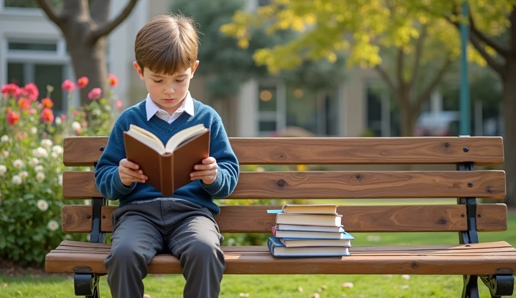 a boy in a white shirt is sitting on books, black trousers, black boots, holding a book in his hands on a white background