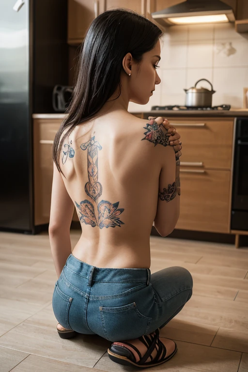 apron,naked apron,,tattoo,best quality,highly detailed,highres,8k,realistic,ass focus,depth of field
