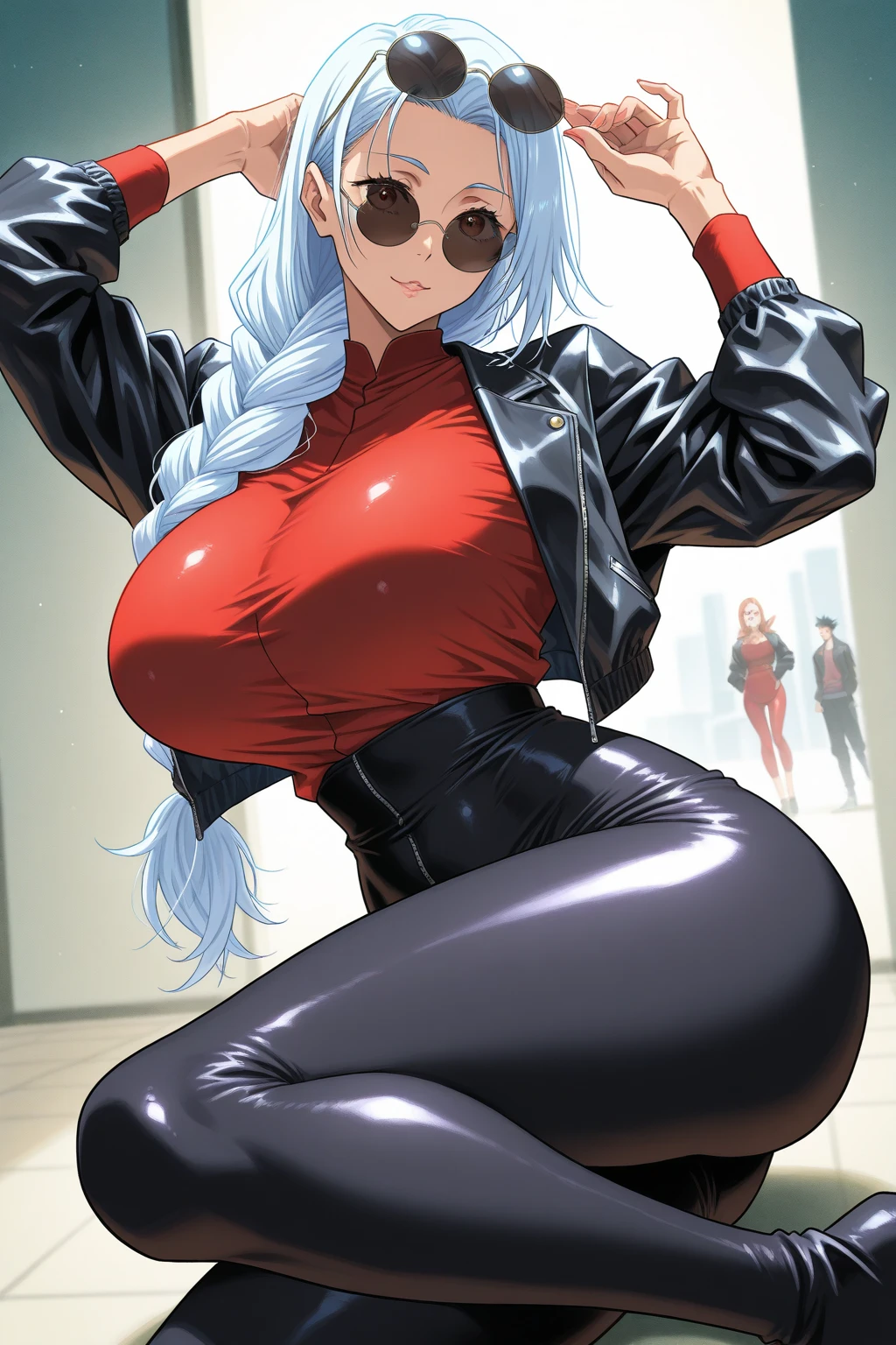 ((exceptional quality)), ((masterpiece)), (detailed), perfect face, perfect eyes, expressive eyes, long wavy white hair, white cat ears, gigantic breasts, thick thighs, red eyes, bratty, lips parted slightly, lips curled into a smirk, heart shaped earrings, heart shaped sunglasses, red lipstick, bikini top with knot tied in front, black latex shorts, black combat boots, subject clearly visible, subject facial features clearly visible, panties slightly visible, standing up, view from under, showing sole of boots