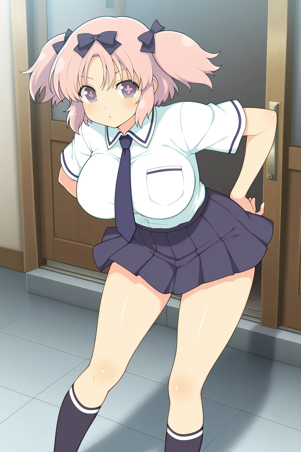 ((1girl)), ((alone)),fuuka Kikuchi, ((extremely detailed CG unity 4k wallpaper)), (masterpiece), (ultra quality), (ultra detailed), (best illustration), (best shadow), (extremely detailed), looking at viewer, (absurdities), (detailed background), curvy body, dynamic pose, cowboy photo, medium breasts, medium waist, wide hips, wide thighs, round butt, ((hair short, skirt, shirt, bow, holding, hair between the eyes, brown eyes, closed mouth, , standing, white shirt, short sleeves, gray hair, pleated skirt, shoes, socks, bright, bow tie, bag , red bow, shiny hair, gray eyes, book, plaid, black knee-high stockings, plaid skirt, brown shoes, bare thighs, black socks, loafers, red bow tie, book, school bag, watch, brown skirt, watch bracelet )),smile, mouth closed)), standing, cowboy photo, backlight, ((solo)), ((standing: 1.4, interior, library, window, sunset,,(stoic expression, blushing, ,sexy, closed mouth, sexy pose), looking forward, ((focus on panties), point of view: (from below), perfect anatomy, perfect hands,