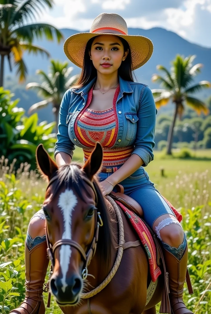 Hot black cubby women ride on horse 