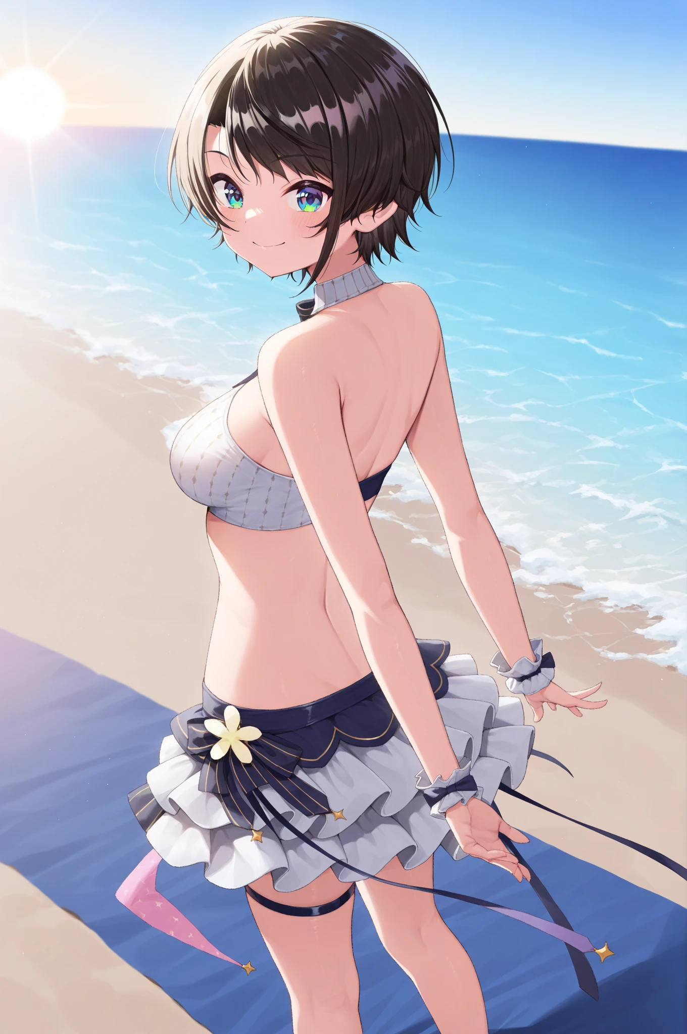 (High reality photograph, high resolusion, detailed face, detailed eyes), 1girl, (short stature:1.5), 20 years old, (urbikini:1.5), cute face, (cameltoe:1.3), (narrow waist:1.3), (thin legs:1.4), (big breasts:1.2), (cute eyes:1.4), (shiny skin:1.4), (armpit:1.3), open legs, (full body:1.1), poolside