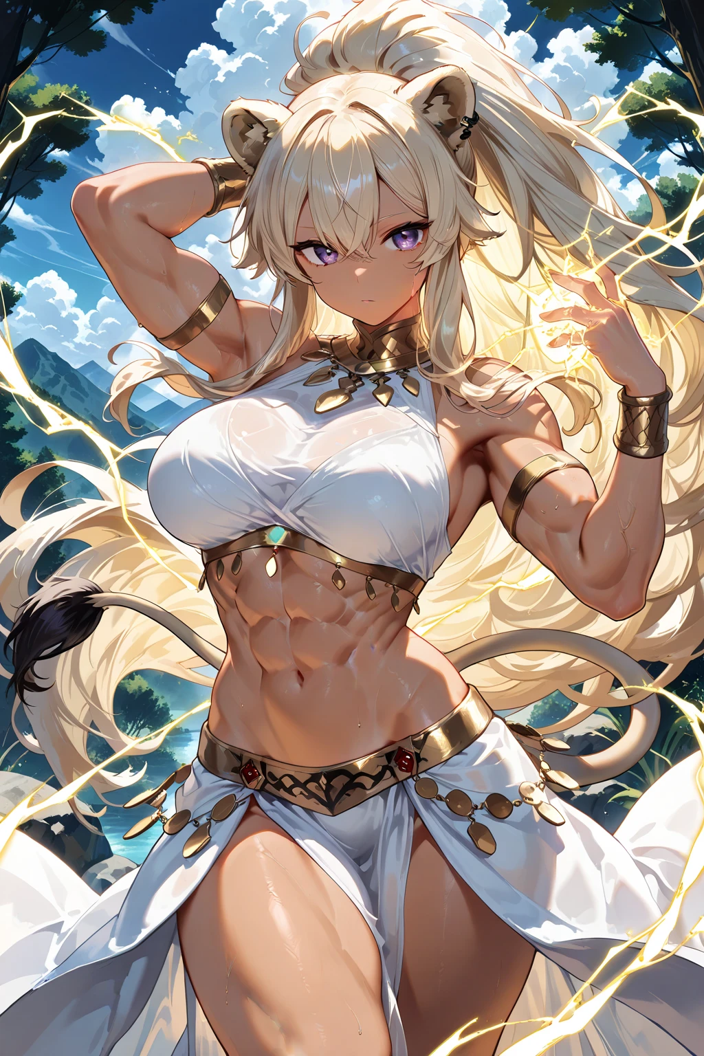 ((best quality)), ((highly detailed)), absurdres, detailed face, beautiful face, (detailed eyes, deep eyes), (1girl), upper body, (jaguar girl), jaguar ears, jaguar tail, yellow hair, patterned hair, black spots, yellow eyes, ((dark skin:1.3, dark-skinned female)), large fangs, muscular female, (abs), <lora:AncientAztecClothes:.7>, ancient aztec clothes, aztec, tribaloutfit, (jaguar print), facepaint, tooth necklace, jewelry, (tribal bodypaint), large breasts, <lora:bandaged_breasts:.6>, (chest sarashi), (chest bandages), collarbone, bare shoulders, bandages, feather headdress, armlet, anklet, (loincloth, pelvic curtain), sandals, (outdoors, in a pumpkin patch, autumn_leaves, midday)