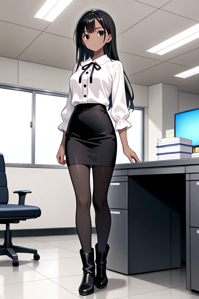 score_9,score_8_up,score_7_up, source_cartoon, kemono style, Natasha, an anthro furry wolf girl, long black hair, straight hair, red eyes, cute snout, black nose, all dark grey furry body, tall, medium breasts, wearing white shirt, black short skirt, indoors, sitting on an office chair, indoors, her legs are crossed,  sultry expression, wearing heels, 