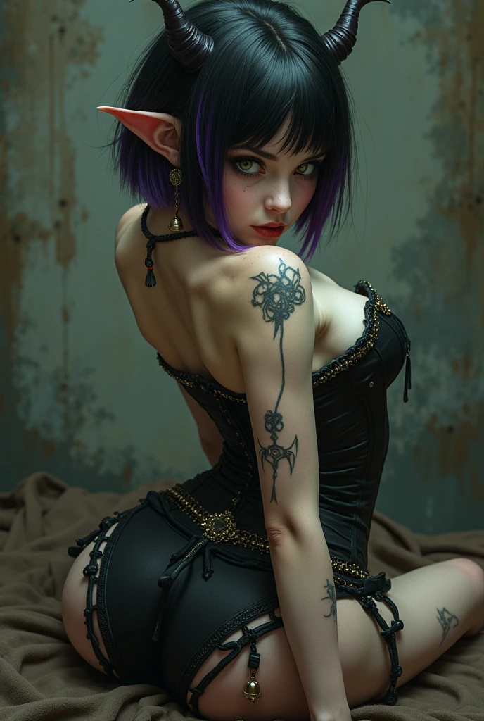 Super realistic, High Detail Face, Clean and delicate face, wide shot, 1 lady, whole body, Asymmetric, Kneeling, Holding Long stick with both hands Anatomically correctly, Purple ponytail, parted bangs, Tattoo on arms, wearing a Black and gold mini cheongsam dress, sleeveless, Thighs, Leather bandages wrapped around the shins, Black Sandals, glaring at the viewer, simple color background