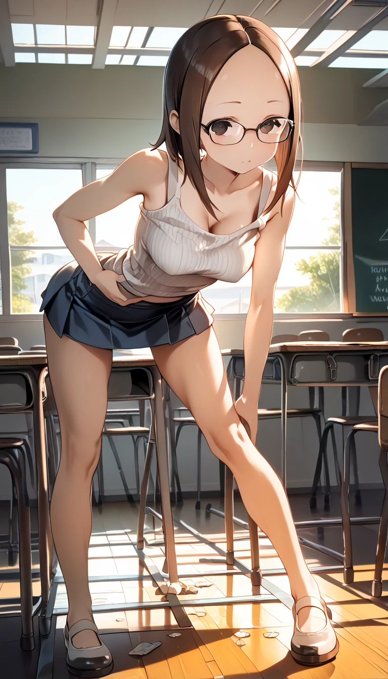 brown hair, american woman, 36 years old mature woman, ponytail, white tanktop,athletic miniskirt, classroom, sitting on couch in classroom, leaning back, legs spread apart showing panties, perfect image, whiteboard background, tiny breasts, 1 girl solo