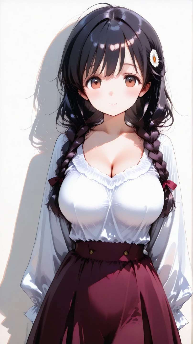Close-up of a housewife cleaning her room, eyes not looking at the camera, shy look, blushing mother, a braid, smooth skin, very detailed clothes, intriguing suit, extremely high detail, random action, interior scene, big breasts