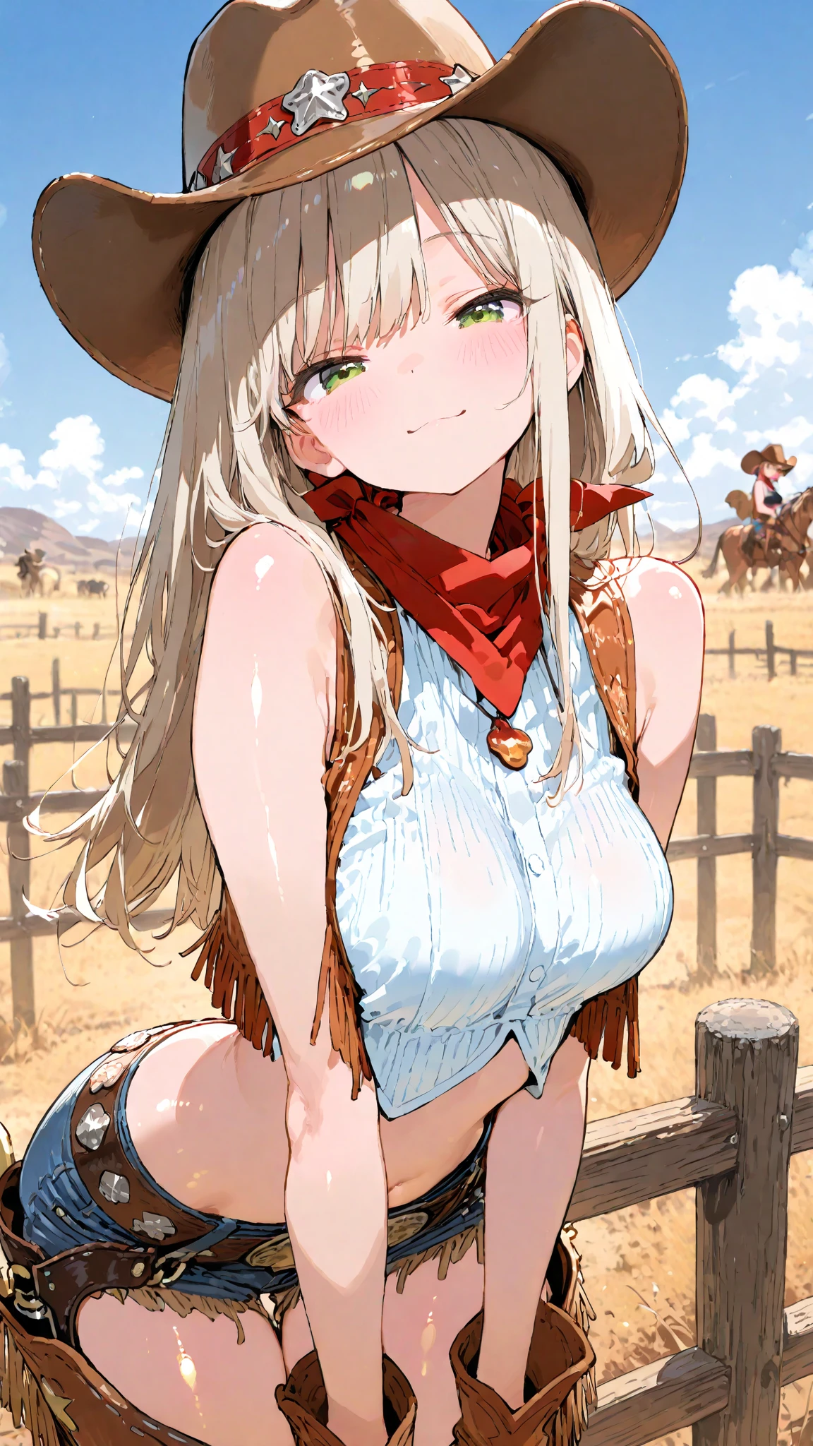 (kinako_(shiratama mochi) style), grass_wonder_\umamusume\), nsfw, masterpiece, topless, denim shorts, belt, carrying notebook and pen, solo, 1 girl, horse ears, horse tail, bare stomach, sweaty, cowboy shot, nipples, large nipples, erect nipples, navel, puffy nipples,  cowboy hat, outdoors, grain silo, farm, tractor, fence, slim waist, brown hair, long hair, detailed eyes, beautiful eyes, wet, aqua eyes, necklace, gold bracelet, gold cutouts, jewelries, smiling, small breasts