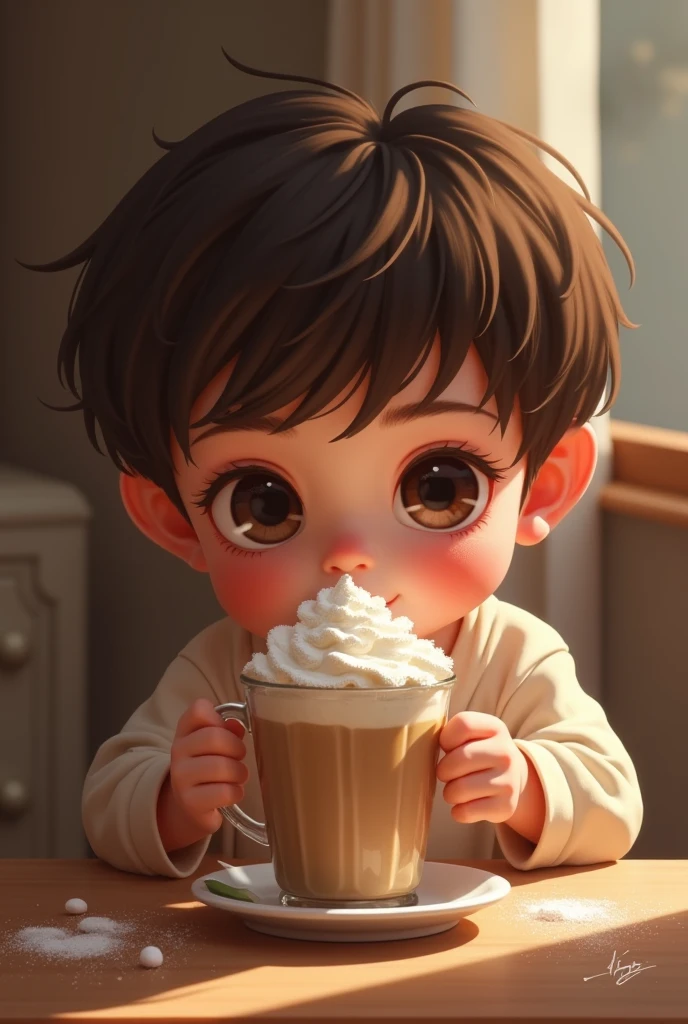 There was a little boy sitting at a table drinking a cup of coffee, lovely digital painting, Cute detailed digital art, adorable digital art, cute 3 d render, Kawaii realistic portrait, Realistic anime 3 D style, Guviz-style artwork, Smooth anime CG art, 3 d anime realistic, Cute cartoon character, anime styled 3d, cute character