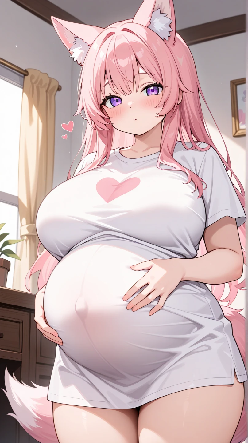 score 9, score 8 up, score 7 Anime)kawai,katsuragi lilja,gakuen idolmaster,blue,long hair,eyes,pink hair kinder garten ,pink skirt, pregnant, sit bed,little smile,