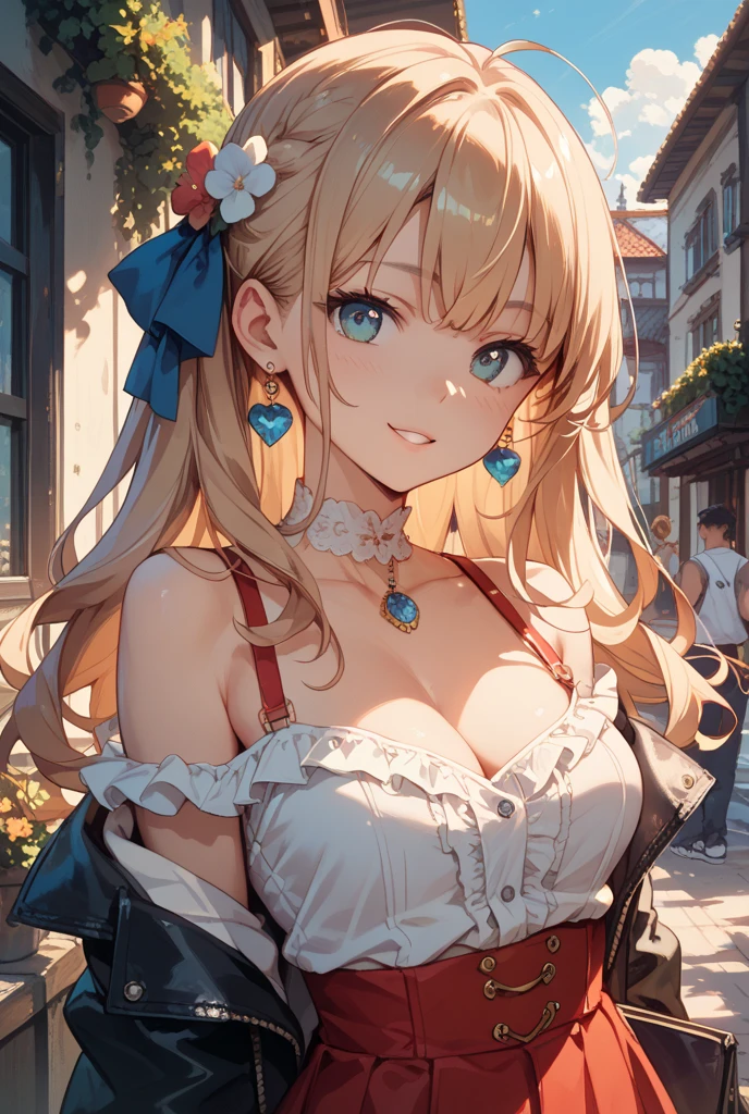 最high quality、best image quality、masterpiece、girl((18-year-old、 By becoming、vest bust、medium bust,wide open breast tea、red glowing eyes, blonde、messy hair、long hair、thin,highest valley、Show the whole body、white dress、open chest、White wristband、red shoes、sexy、smile、Leaning forward、rose hair ornament、Holding a handgun)),high quality、beautiful art、background((City of night、dark road))、Flight、debris flies、Depth of written boundary、movie、visual art、perfect art、8K,genuine、