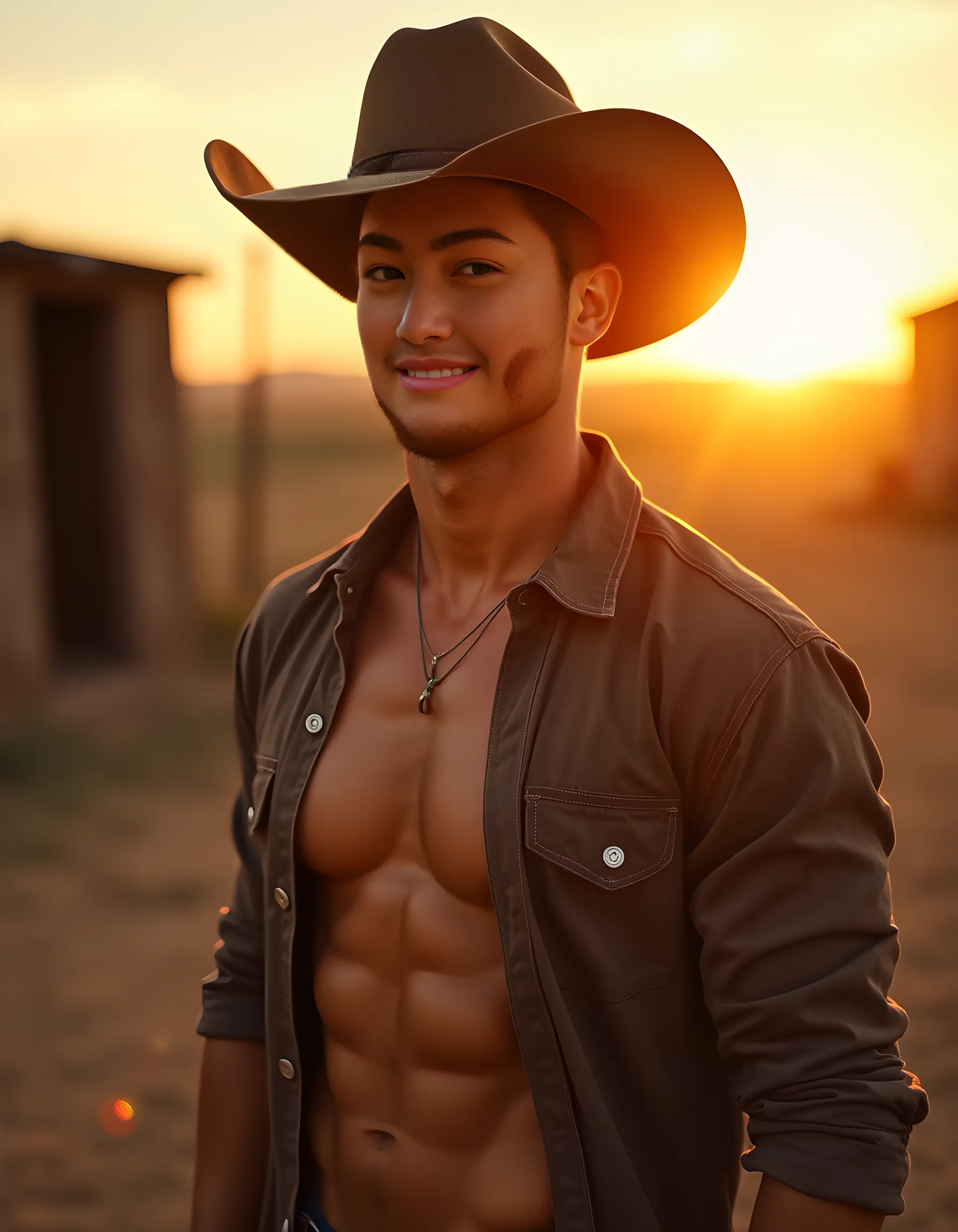 Realistic, detailed, Young pumped up man, cowboy, on farm, naked torso, chaps, 4 abs, lustful look, farm and animals in the background, detailed face, detailed hair, detailed hands, detailed legs, detailed eyes, detailed skin, dynamic lighting