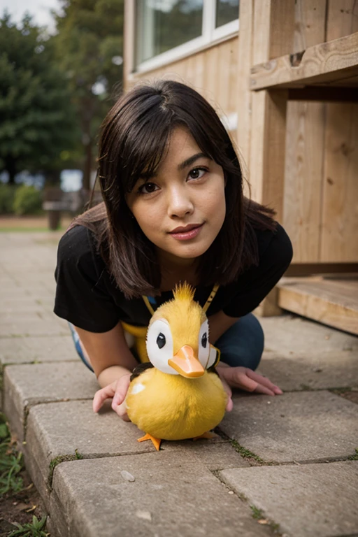 Create a picture of an animated egg hugging a Kirby and a chick