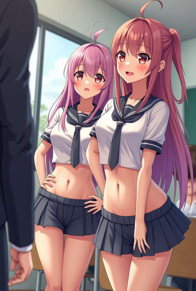 angle from below。Two girls are depicted、colorful hair、beautiful girl、highest quality、laughter、beautiful girl、masterpiece、High-definition images、wiping the table、The belly button is visible、cleavage exposure、Thigh emphasis、colorful school uniform、Sukesuke clothes、crawl on all fours、sticking out one's hips、School、Wiping the desk