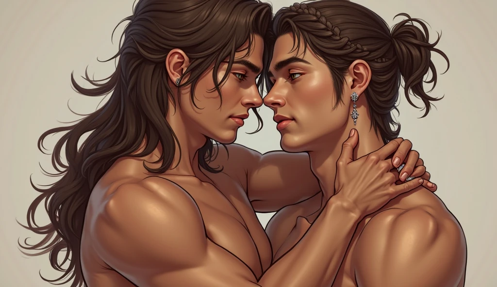 Top quality, Photorealistic, 8K, High Definition, absurd res, high res, ultra sharp, masterpiece, (masterpiece), best quality, expressive eyes, perfect face, Super eyes, masterpiece, highly detailed exquisite character art, epic fantasy digital art style, detailed digital 2d fantasy art, ultra-realistic, tall muscular male, handsome face, strong jawline, male large pecs, showing male butt, long hair, glitter, god rays, vitiligo skin, blue majestic eyes, light purple skin, wet, soaked, oily, sweaty, in the forest, gay couple, NSFW,