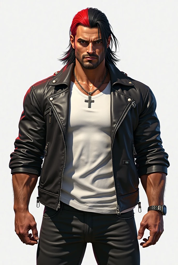 Create a character, he is a man with his 37 years, with muscular body, model appearance, black hair, beautiful face, rocker style with rockeiro jeans, rockeiro jacket and with a guitar on the back, 4K --auto