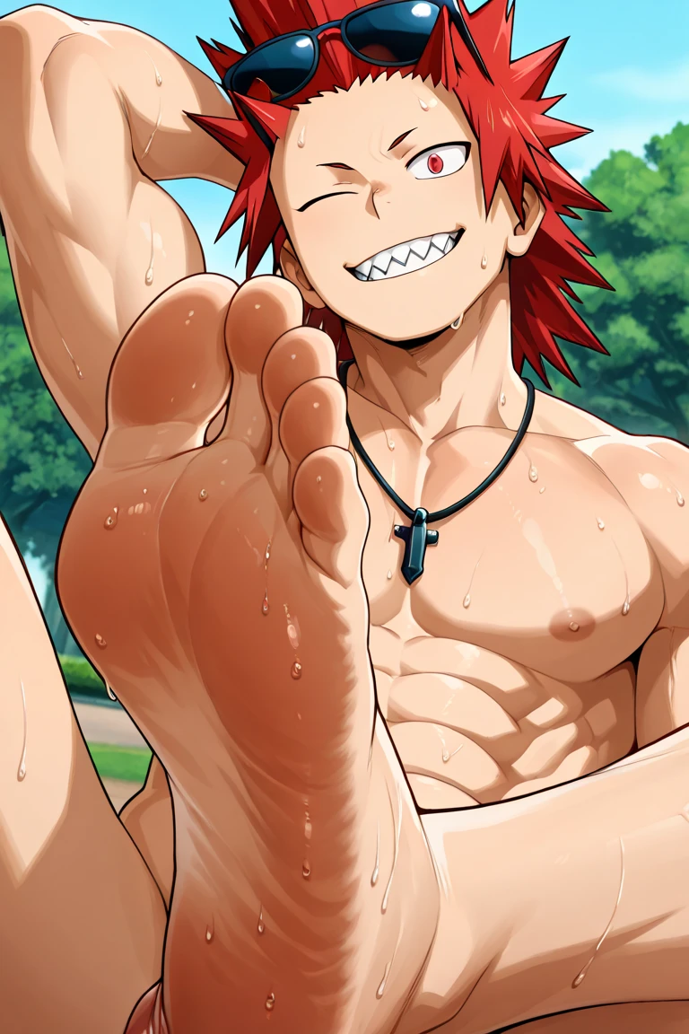 horikoshi kouhei, absurdres, adult Eijiro Kirishima, red hair, boku no hero academia, chama kou, highres, looking away, male focus, muscular, red eyes, short hair, spiked hair, 8k quality, beach, ( adult Eijiro Kirishima, detailed eyes, detailed face, (((full body))), visible foot, barefoot, (((XXL up penis semen dripping)))., (((crossed arms))), (((legs raised all the way up and their ankles crossed behind their own head, showing off anal/ass))), (((laying on the ground))), red hair, red eyes, ((light smile)), looking at viewer, embarrassed, blush, camera from up, showing off muscles, masterpiece, best quality, male focus, upper body, handsome, male, gay, smooth and sharp focus, Wet body.