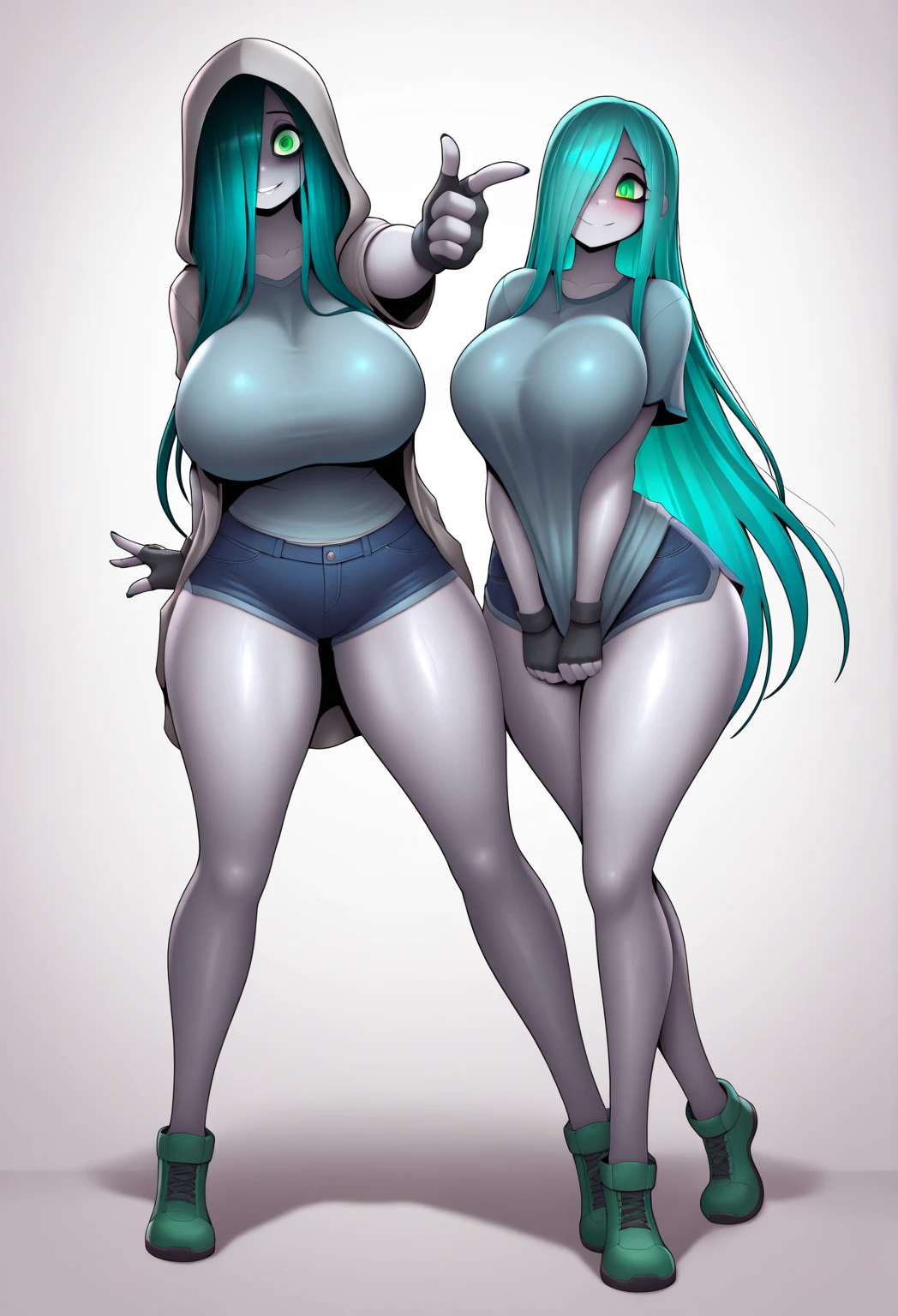 Two busty naked beauties stand in the middle of the picture(Taking a full-body shot of two beautiful women)(The two beauties look embarrassed.)(20-year-old)(one person)(Exact number of legs)(Exact number of arms)(Completely naked)