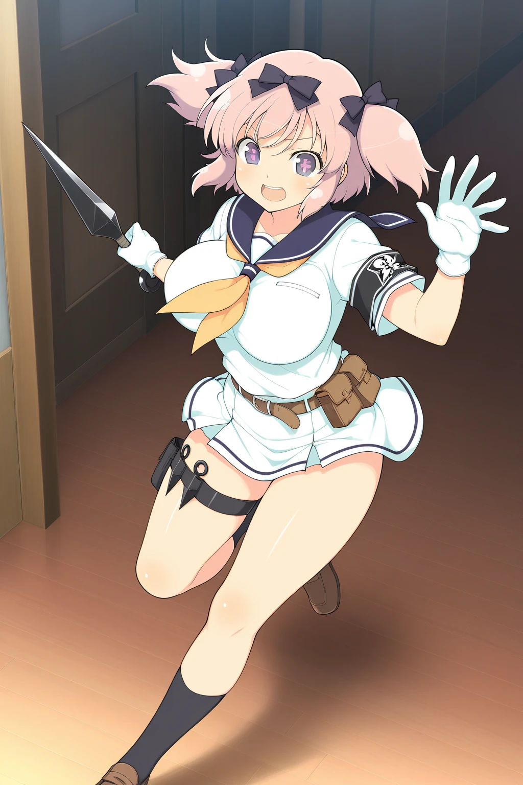 1girl in、独奏、masterpiece、top-quality、Kashima OG、kashima\(kancolle\)、white hair、blue eyess、hair wavy、Twin-tailed、tsurime eyes、beret、A smile、embarrassed from、red blush、Colossal tits、Black enamel、Bodysuits、highleg、Black High Socks、Brown loafers、Squat on the floor、Open your crotch wide from side to side、Opening legs、Show your crotch to the camera、stares at the camera、ship deck、with blue sky and white clouds、((Open your mouth wide))、((With a transparent rod like male genitalia:1.2))、((Stick out your tongue and lick a transparent rod like male genitalia:1.2))、