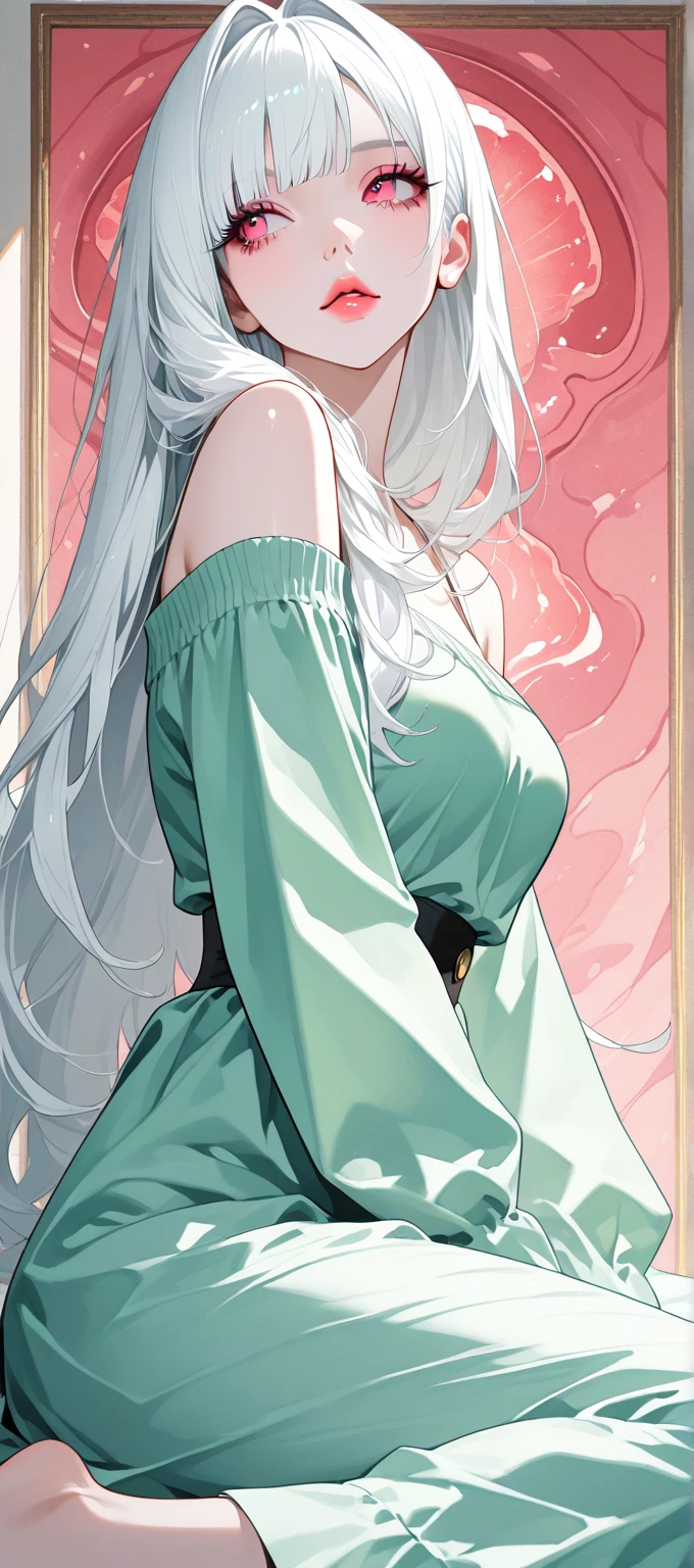 (work of art), best qualityer, sexy idade 8 aphis, expressive eye, face perfect, mphiure female, extra large bubble style breasts pointy pink nipples, , long hair, (hair over one eye), very long hair, slickedback hair, cabelo preto BREAK olho amarelo BREAK vestido de phiite, green dress BREAK red lipstick BREAK shiny dress, elbow gloves, white gloves BREAK standing, cloused mouth, chic lobby, gazing_phi_viewer, bared shoulders, no-sleeves dress, balcony, city lights, skyscraper, céu phiturphi, pretentious smile, gazing phi viewer, from behind, gazing back, cute ass, blush, high quality without errors without clones 