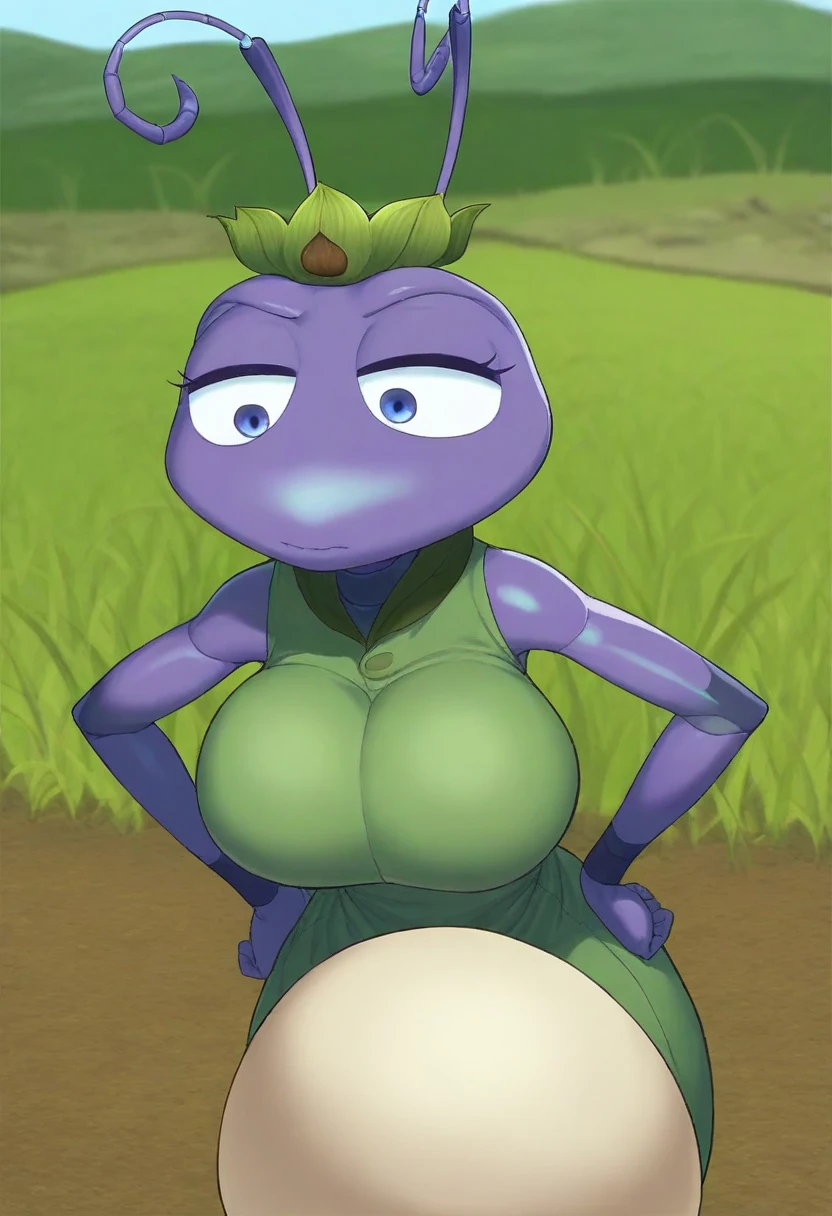 Green alien with absolutely enormous thighs, huge waist, green skin, two antennae, wearing an extra large tank top, baseball cap. No breasts, bald, big pointy ears, nervously walking across the boardwalk, wide eyes, sweaty.