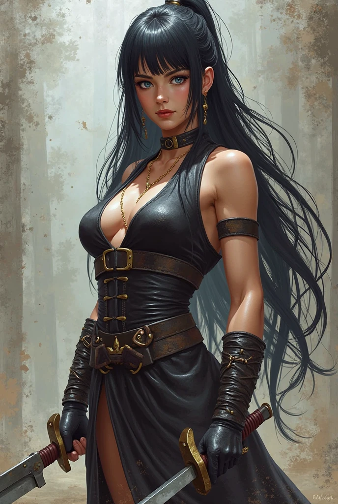 a female character in her 20s with long, straight, non-curly black hair, no bangs, pale skin, and steely black eyes, exuding a calm, dynamic posture, one leg bent while holding a long sword across her body, wearing a rather thin, high-necked dark red tank top that reaches down to her hips, a very short black leather skirt, fishnet stockings on her left leg, black thigh-high stockings on her right leg, brown high boots, a small butterfly tattoo on her right shoulder, a black bracelet on her left hand