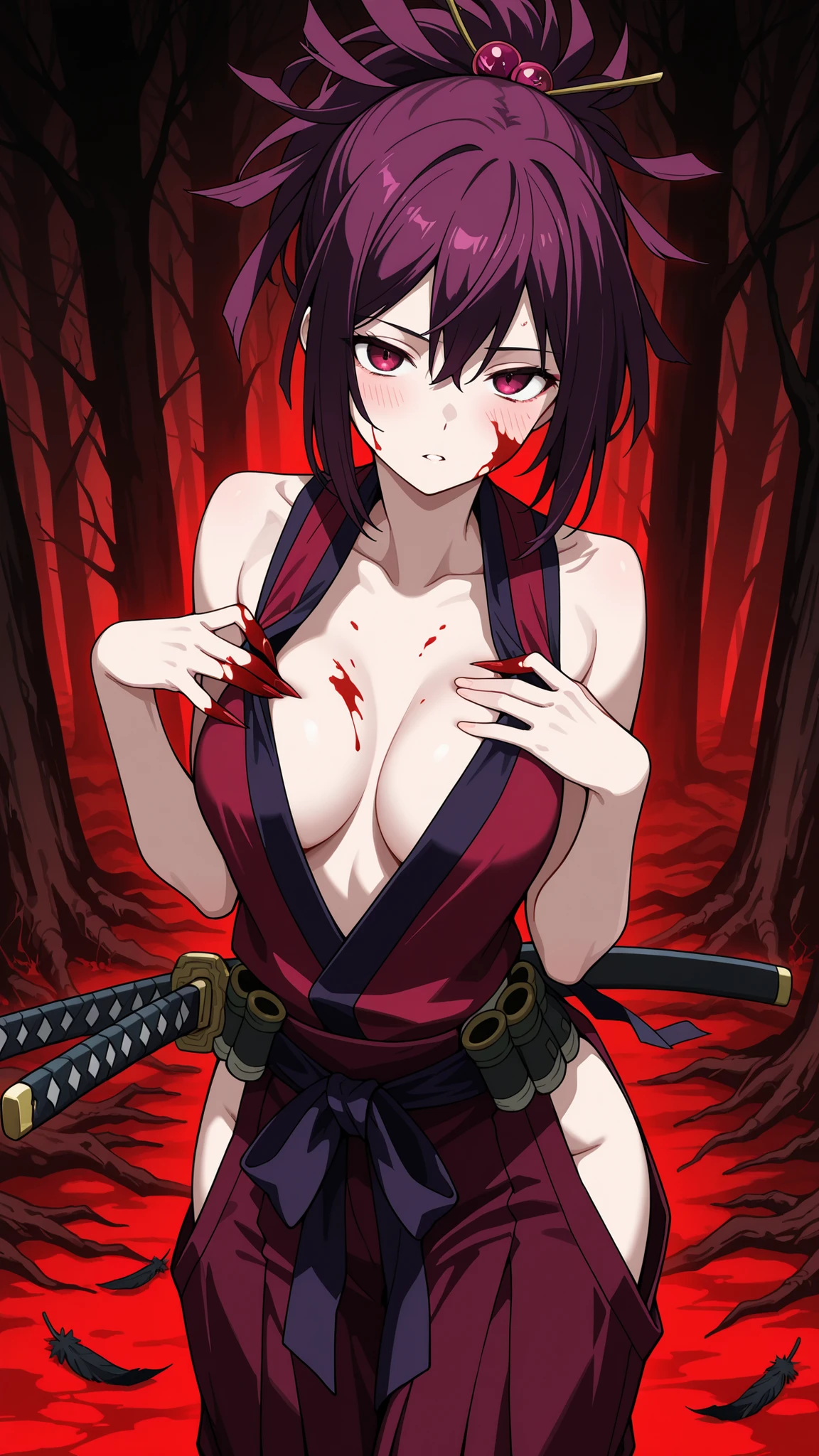 BREAK (masterpiece:1.2), best quality, high resolution, unity 8k wallpaper, (illustration:0.8),A dark, dead forest at dusk with twisted, leafless trees reaching like claws into the sky, a narrow dirt path stained with fresh blood leading into the fog, broken branches and scattered feathers on the ground, cold ambient red light filtering through the mist, atmosphere heavy and silent, as if the forest itself is watching, ultra-detailed, cinematic horror tone, slightly surreal, chilling and tense,blush,raised hips,seductive expression,yuzuriha, hair ornament, purple eyes, ponytail, purple hair,cleavage, japanese clothes, bare shoulders, collarbone, side slit,looking at viewer,front photo,blood on face,blood on clothes,katana in hand,arched back,