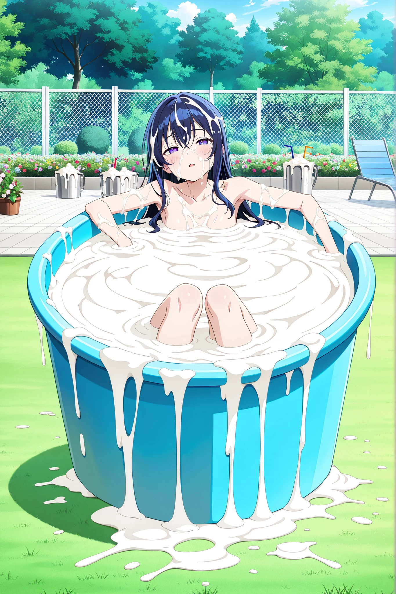 anime anime, young girl laying in the bathtub with her hand on her chest