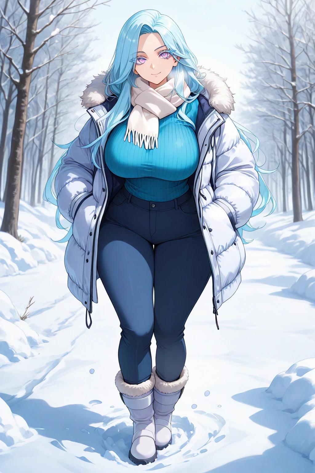 <lora:pnclpnts-10:0.6>, pencil pants, outdoors, gigantic breasts, smile, lips, forest, sweater, <lora:3lyv4-10:0.6>, snow