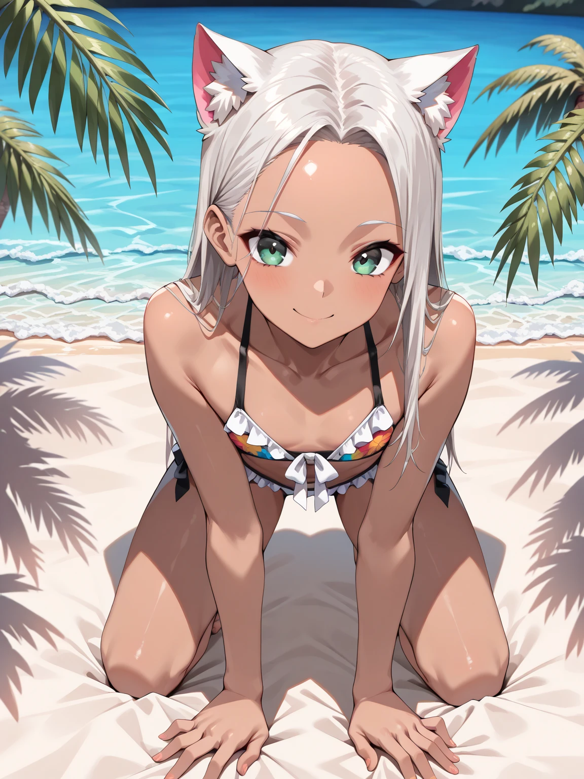 playing on the beach, close up of one girl, swimsuit, one piece swimsuit, elf, silver hair, red eyes, braid, sea, beach, shore, sand, playing, laughing, smiling, both eyes closed, concept art, beautiful anime scene, beautiful anime scenery, top rating on pixiv, best quality, 4K