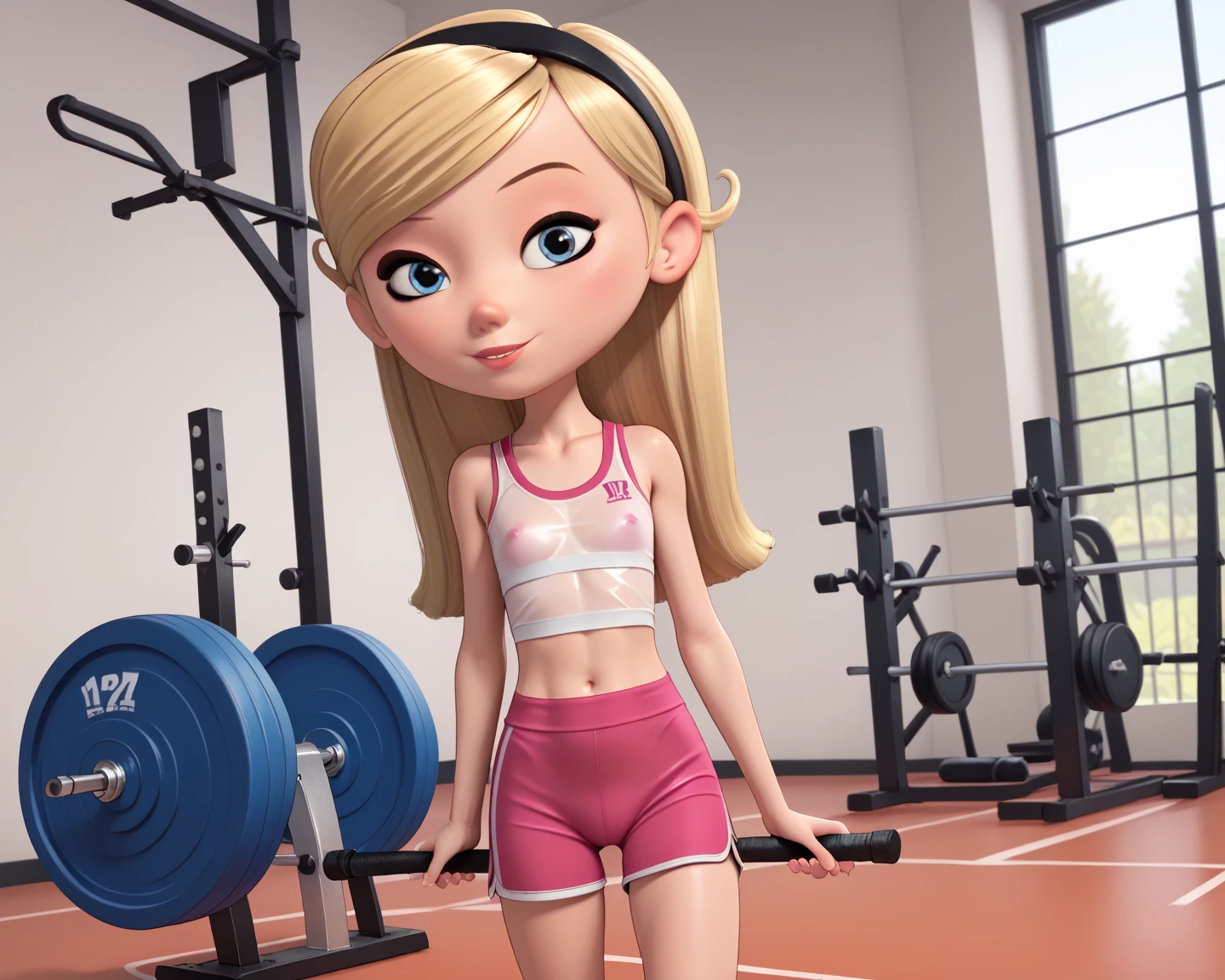 thepit bimbo, loli, 1 girl, blonde hair, long hair, petite, flat chest, pink crop top, gym shorts