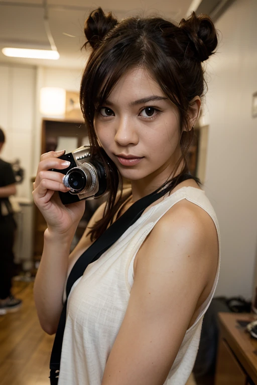 ((Highest quality, 8K, masterpiece: 1.3)), sharp: 1.2, Perfect Body Beauty: 1.4, Slim Abs: 1.2, ((Layered Hairstyles, Big Breasts: 1.2)), (濡れた White Button Long Shirt: 1.1), (nude: 1.2), Face close-up: 1.5, Highly detailed face and skin texture, Beautiful Eyes, double eyelid, Side view of the camera