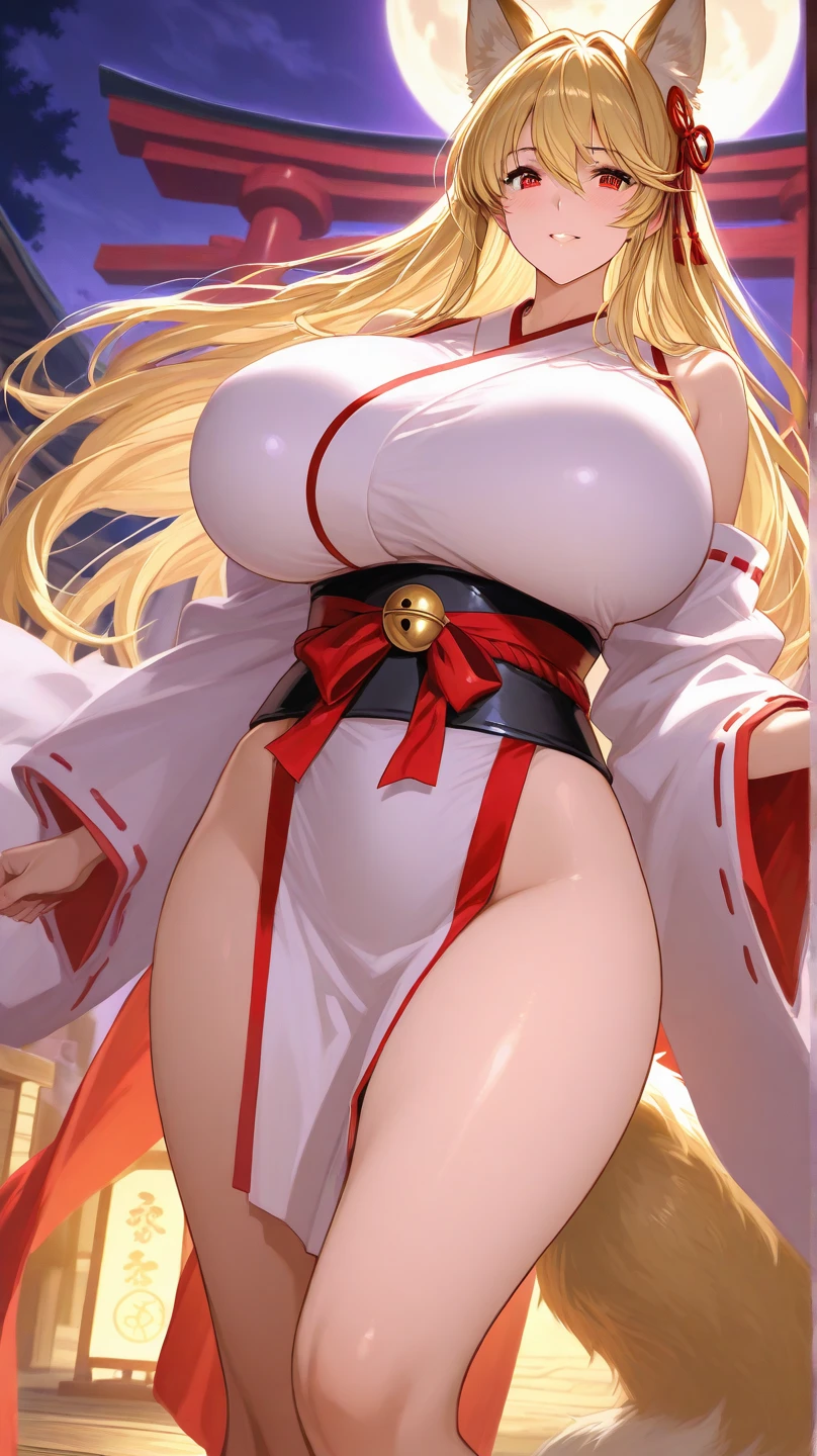 1 girl, long golden hair, fox ears, only fox ears, crimson eyes, extremly detailed, blushing, (face perfect:1.1), (high detal:1.1), top-quality, huge breasts, sexy and seductive, wearing red and white erotic kimono kimono, tall women, long flufy nine fox tails, multiple tails, thicc thighs, wide hips, smile, horny, absurdes, high res, ultra sharp, 8k, masterpiece, looking at viewer