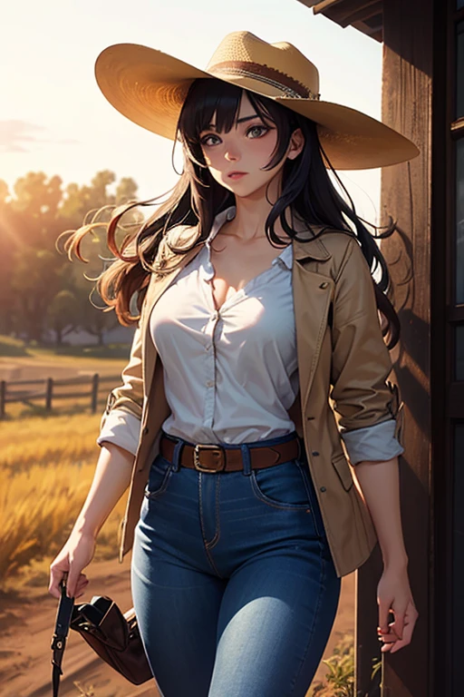 ((best quality)), ((masterpiece)), (detailed), off-shoulder sweater, Transparent body, Visible veins, Highly detailed, Upper body, one girl, young Korean woman with a Korean beautiful face, golden eyes and yellow sandy lush hair, tanned dark bronze skin, huge chest, dressed in an open coat with rolled up sleeves, a transparent unbuttoned shirt, a wide leather belt with gold yarn, leather shorts, a hiking backpack, a two-handed katana in sheathed, walking through the forest, trees with blue foliage and white flowers,