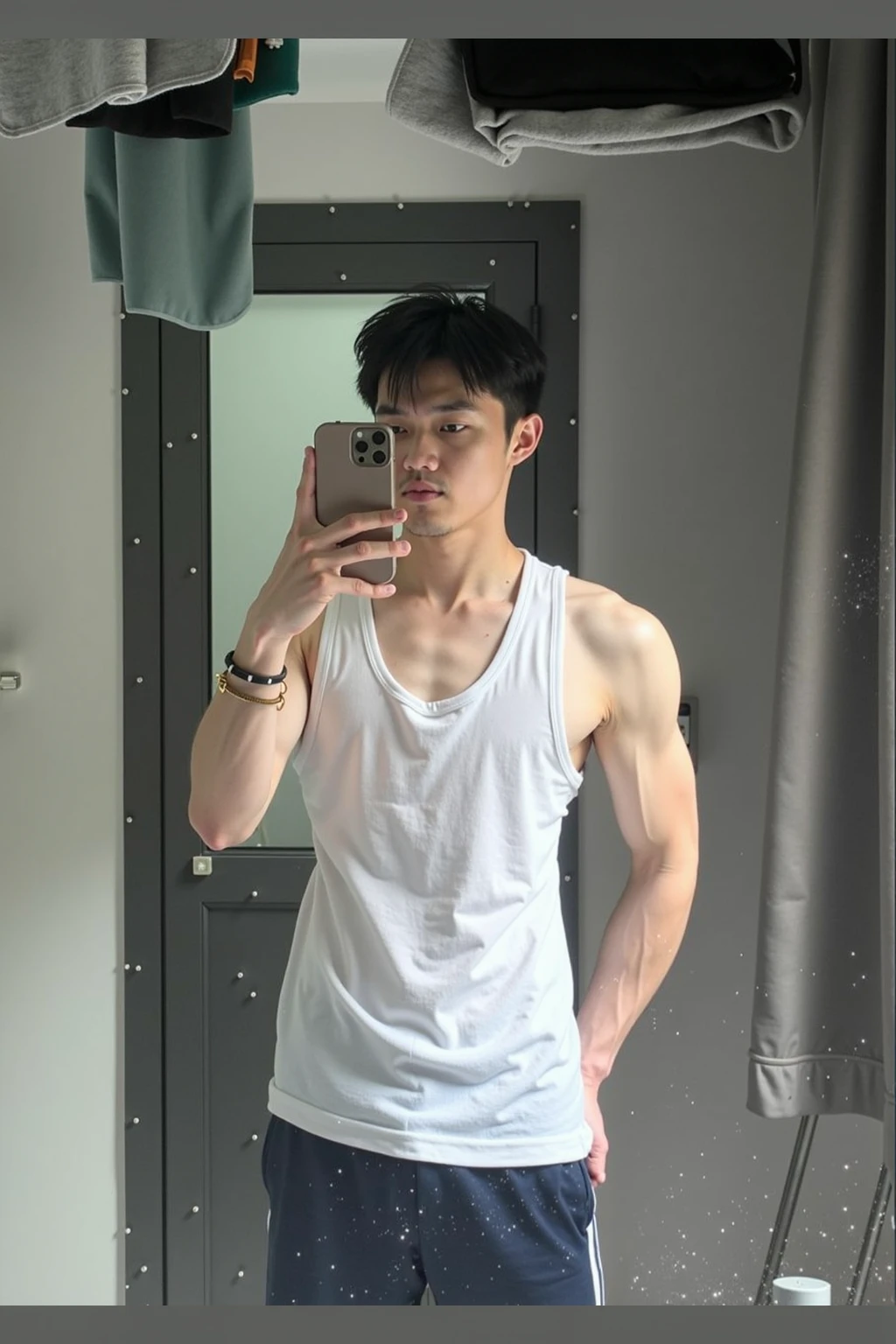 ((best quality)), (detailed), perfect face, KOREAN MAN, SHIRTLESS, handsome face, MUSCLE CHEST, bulge in underwear, bulge, big, futuristic, Slim body, husky, skinny, big nice bulge, handsome Korean actor , sensual poses, sensual