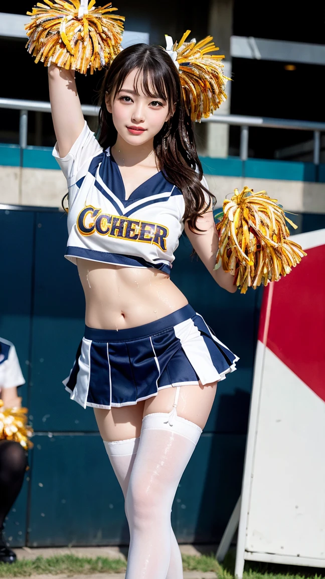 ((leg up)),((cheerleader)),((Cheerleader)),((Cheerleader)),8K、Detailed Description、Very high definition、Realistic、reality的、Real、live-action、reality、High resolution、Nogizaka46、japanese idol,beautiful girl、21 years old、Dark brown eyes、sunny、blue sky、Ground、Raise one leg straight up、Hold the calf of the raised leg、(Underwear is visible)、((cameltoe:1.1)),light smile,closed mouth,full body,Very black hair、pretty girl、Beauty、Glowing Skin、Glowing Skin、Shiny Hair、Very white skin、Heavy makeup、Large Breasts、Slit eyes、Big Eyes、Dark brown eyes、Double eyelids、Don't show your teeth、