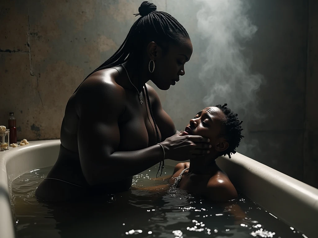 photorealistic, African American polygamy couple, one man and two women kissing, kissing, licking skin, dreadlocks or braids, beautiful, dark skin, sexy, (Best quality, 8k, 32k, Masterpiece, UHD), no bra, no shirt, naked, 32K wallpaper, luxury bathroom background, in bath tub, (the woman has a big ass, voluptuous, and thick body figure), big lips, oily skin, nighttime, candles and roses around, sweaty, dripping wet, passion, affectionate