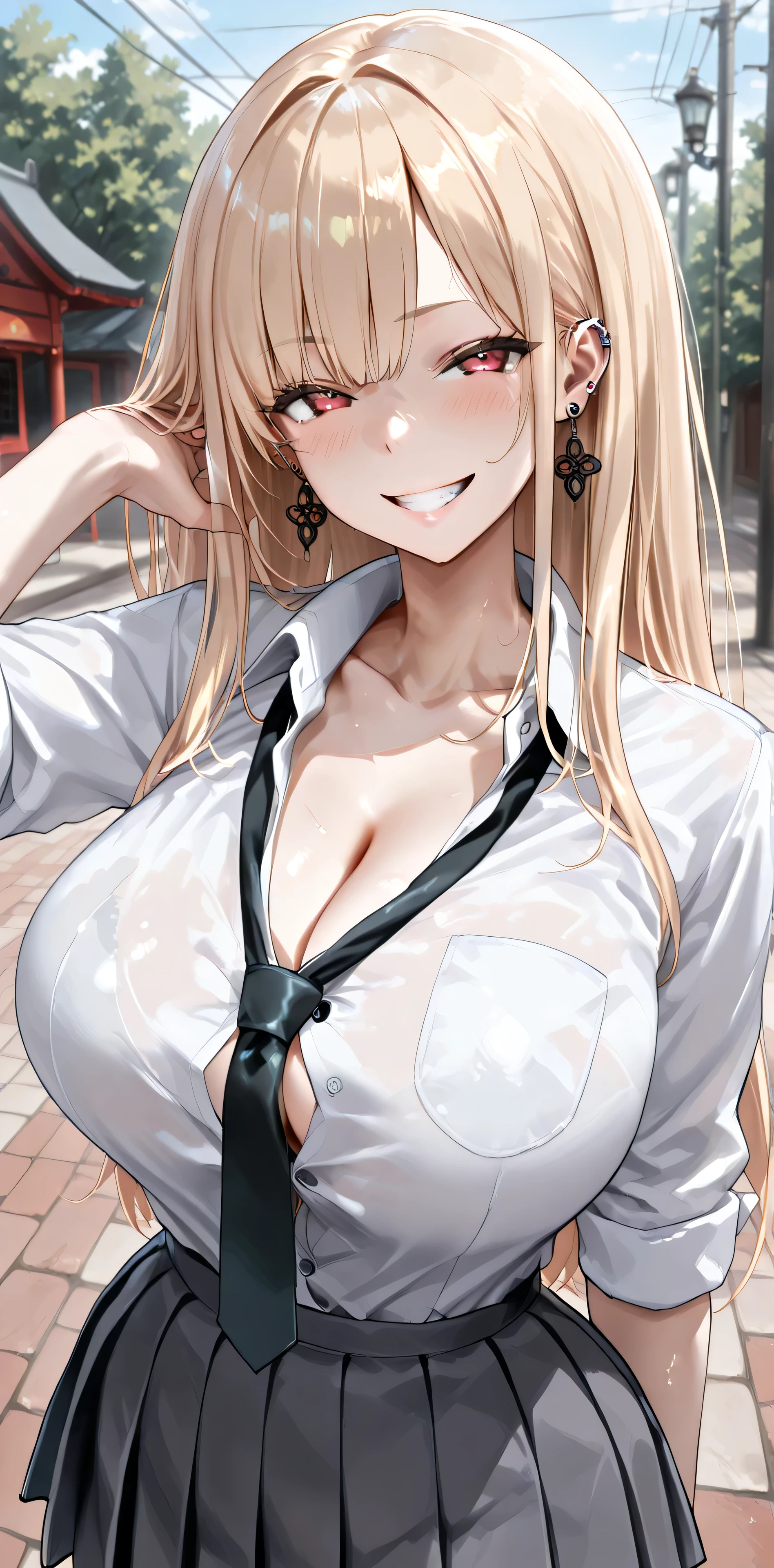 Masterpiece, best quality , 1 girl, nakamuramisaki, blonde hair, long hair, full bang, black tie, button gap , cleavage, ear piercing, skirt , grin, guardando lo spettatore, necktie between breasts, pleated skirt, clear skin, outside setting <lora:nakamuramisaki:1>