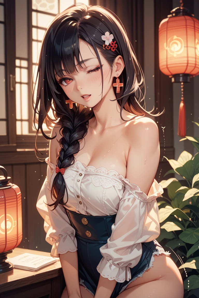 Anime style, um quarto em uma casa colonial, old furniture, Candlelight, mulher adulta deitada em uma cama colonial, View from the top, she has random ethnicity and race, Long straight hair in random colors spread across the colonial style bed where she lay, She is sweating profusely, Death Subject, has large breasts, nipples are clearly visible, She was wearing a wet transparent white, Your clear visibility, Legs slightly open, her crotch is showing, She has an angelic face and is very awkward, your cheeks are slightly red with embarrassment, ela usa um colar simples, it'of the night, add a window with the moon outside