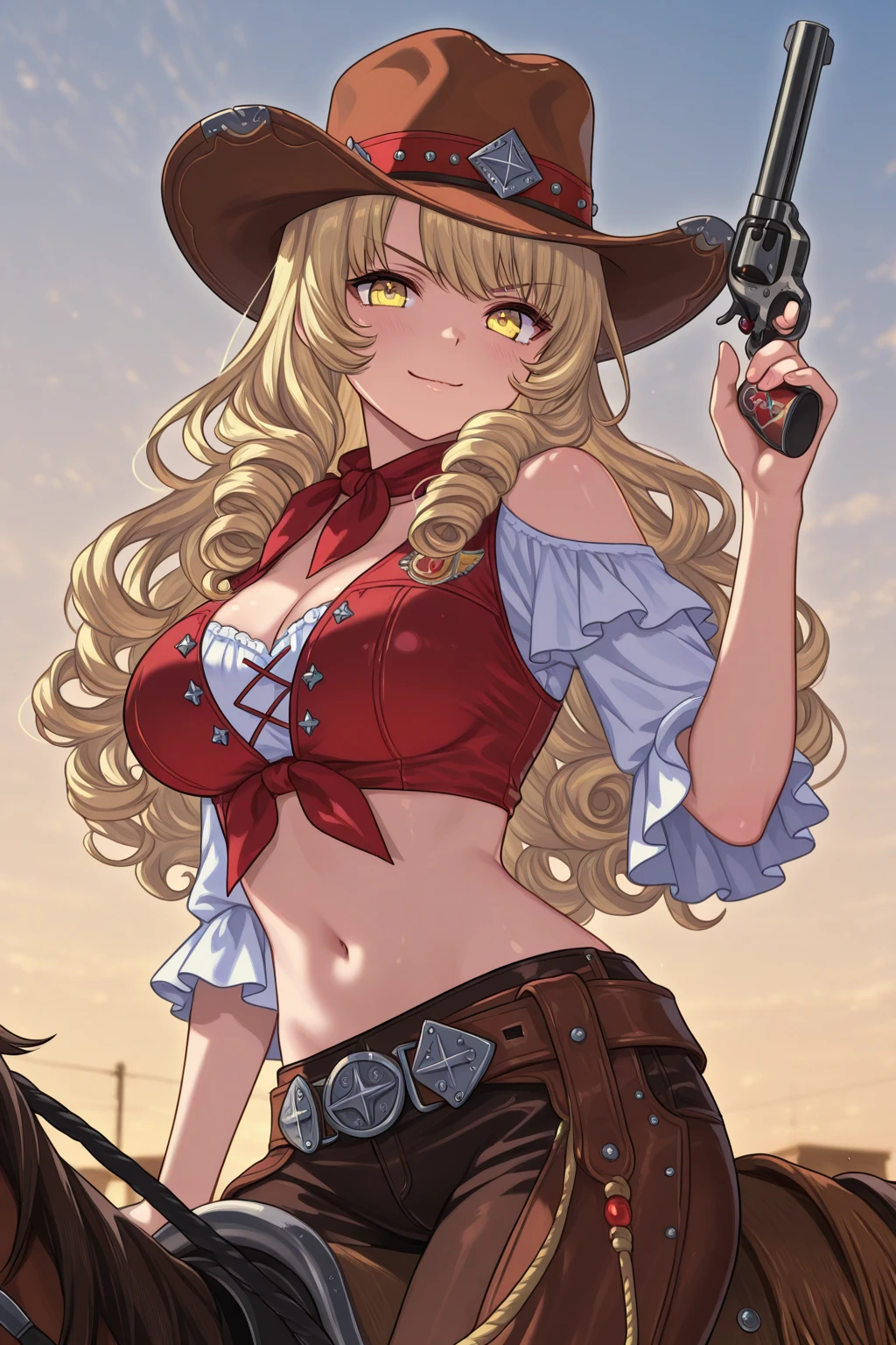 one girl, solo, 18-year-old blonde beauty, pale blue eyes, carefree demeanor, delicate frame, long blonde hair cascades down her back, her hair is framing her heart-shaped face, eyes hold a sparkle of excitement, wonderful smile, (perfect anatomy), perfect hands, perfect face, perfect eyes, cowboy hat, denim fringe detailing jeans, cowboy boots, cowboy hat, Concho belts, tucked in black tank top, cleavage, red scarf, cropped denim jacket, ((Seductive pose)) (cinematic lighting, perfect lighting), (cinematic angle), (vivid colors), very detailed. very high resolution, sunset, realism, farm, 1980s western setting