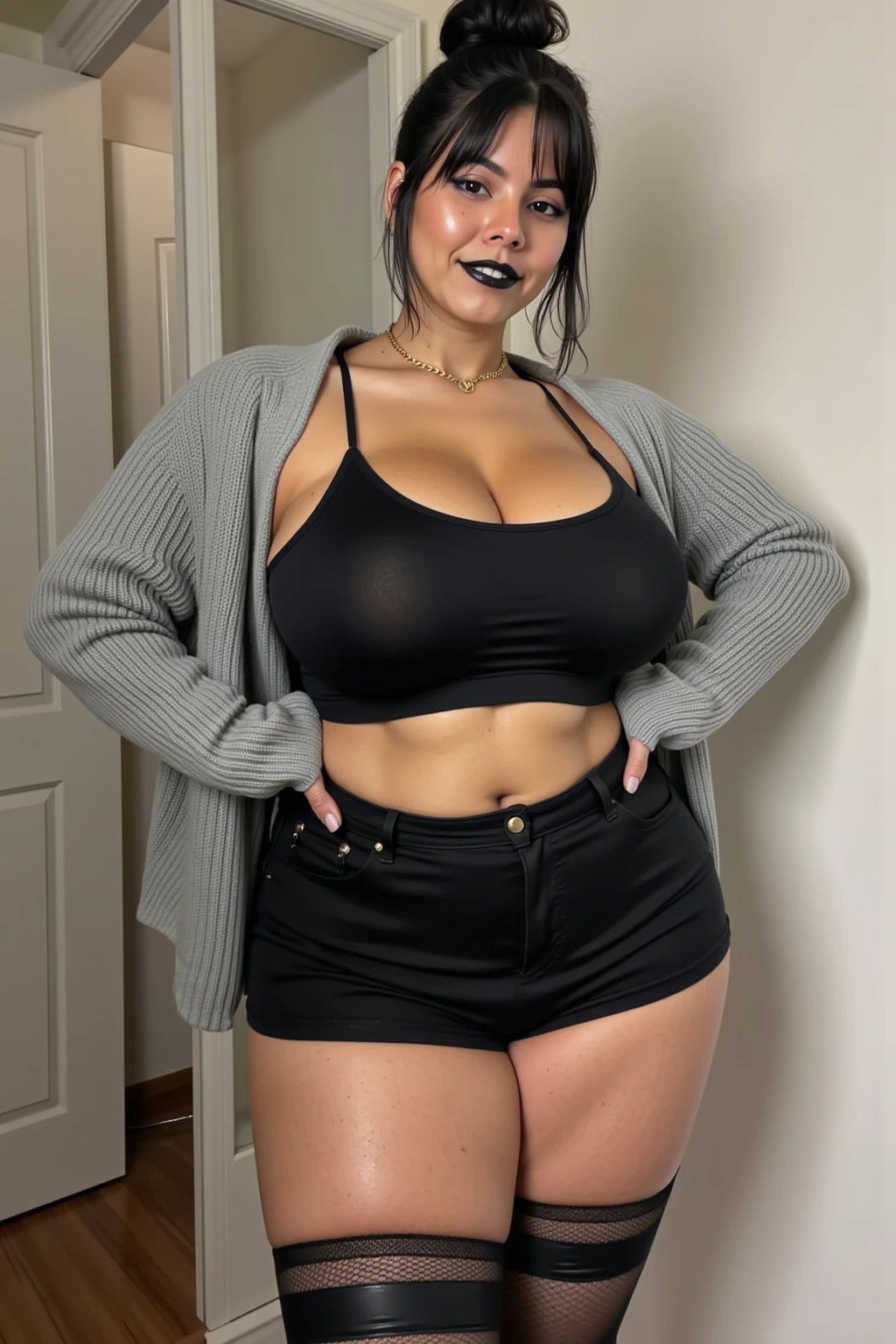 Perna de menino、(Tiro de calcinha sentado com as pernas bem abertas:1.2)、Do not hide the lower body、camelo、1 pessoas、Menina preta、qualidade superior、obra prima、Rosto mais detalhado、Rosto bonito、O melhor sorriso、Cabelos longos castanhos、