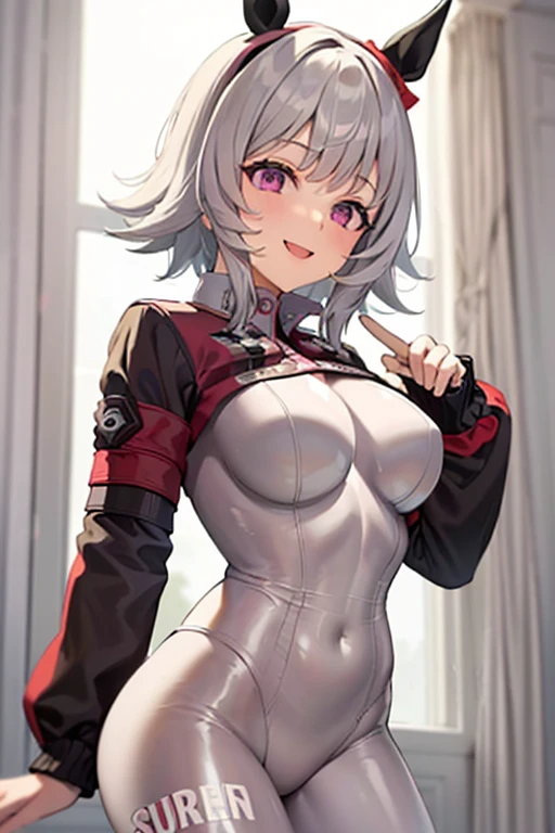 masterpiece, best quality, absurdres, ZentreyaCyborg2nd, yellow eyes, facial mark, long hair, headgear, headphones, goggles on head, cropped jacket, leotard, black gloves, shorts, black thighhighs, thigh strap, seiza, on bed, smile, blush, <lora:ZentreyaCyborg:1>