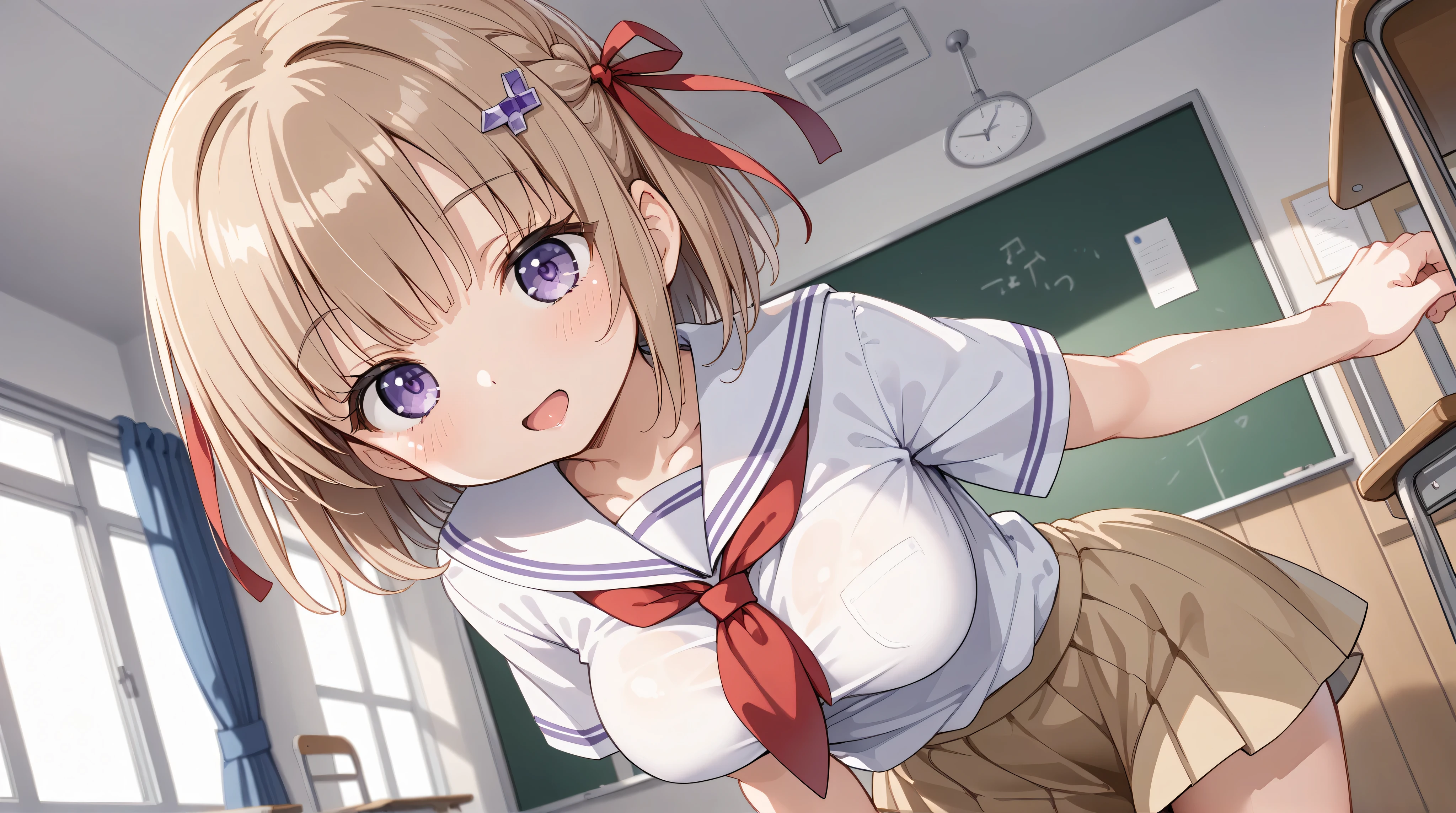 ((highest quality)), ((masterpiece)), (detailed), Perfect face cat ears　Black Hair　Inner color is blonde　blush　He has an embarrassed look on his face.　Whole body　Sailor suit　You can see her nipples through it　I&#39;m not wearing anything　classroom　床が濡れている
Whole bodyが汗で濡れている　The breasts are very large　The lower half is visible　Sailor suitの中にはスクール水着を着ている　学校のclassroom　Almost the chest is visible　Trying to cover my chest with my hands
