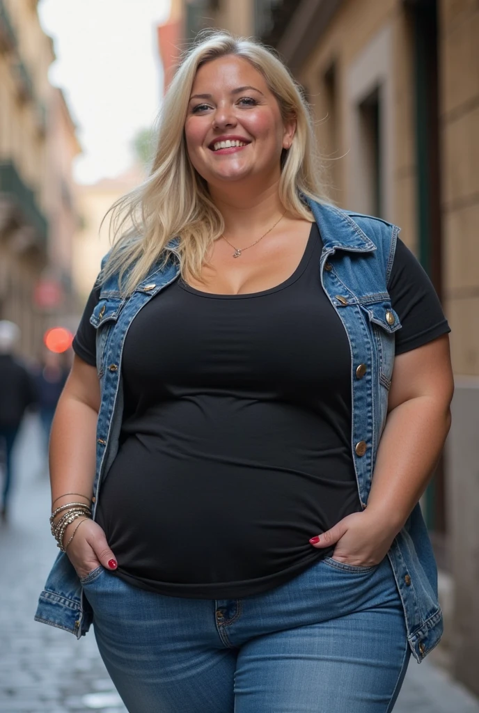 Chubby woman, 40 years old white Caucasian woman walking outside, night time, Mississippi, Gulfport, summer night, long straight blonde hair, casually and daily dressed, big hips, thick thighs, casual clothed, natural saggy breasts, Full Body Shot, From Above View, High Angle View, selfie, shy, close up selfie point of view,