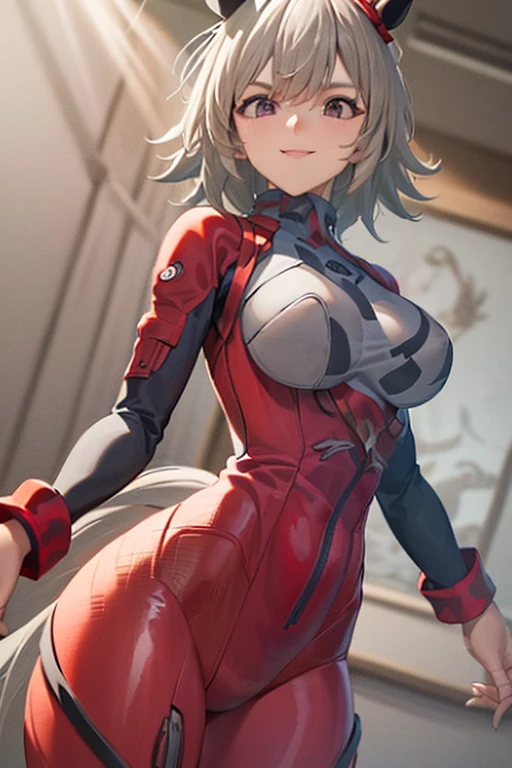 1girl, white hair, very short hair, red bodysuit, bodysuit, green eyes, futuristic, machinery, science-fiction, huge breasts, toned, breasts, thick thighs, smile, thighhighs, black thighhighs, ((black thighhighs)), neon trim, neon, neon lights, ((red bodysuit)), mature female, pantyhose, ((pantyhose))