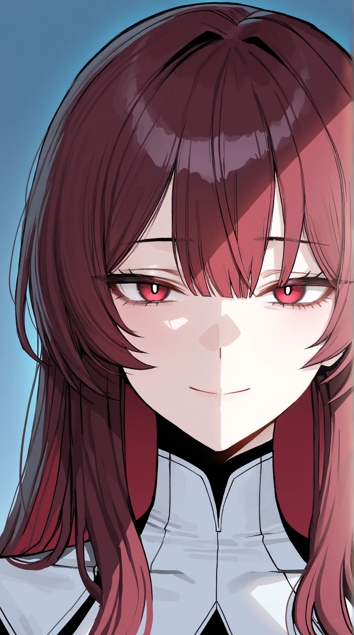 Captura de pantalla de Kimetsu No Yaiba, girl with short red, almost brown hair, right eye covered with hair, clothes the same as that of the animated character rengoku, Red eyes, with a scar on the right cheek